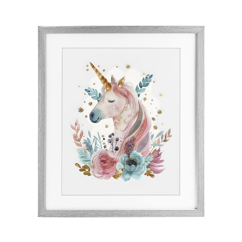 Licorne florale avec détails dorés, reproduction encadrée sous verre, design par LSR Design Studio, H 21 po x l 17 po