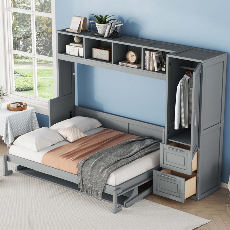 Lit escamotable Murphy avec placard et tiroirs, gris, Double