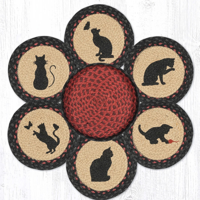  Ensemble de dessous de lit en jute tressé avec motif décoratif de chat - 10 po x 10 po