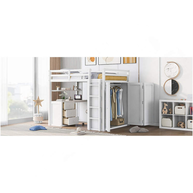 Lit mezzanine avec tiroirs, bureau et garde-robe - blanc