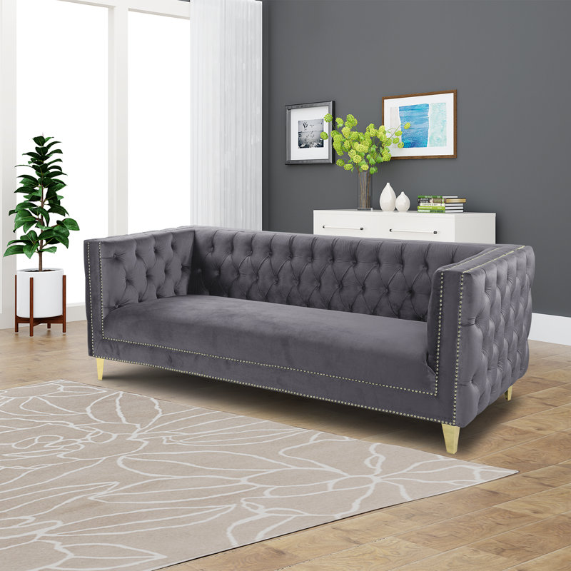 Canapé en velours de luxe Arnav, 86 po de largeur, fabrication solide, entièrement assemblé, Velours gris velours