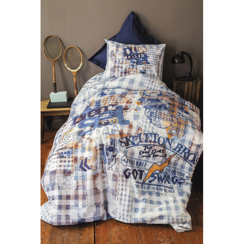 Ensemble de housse de couette 100% coton 3 pièces bleu / brun / blanc Scheer