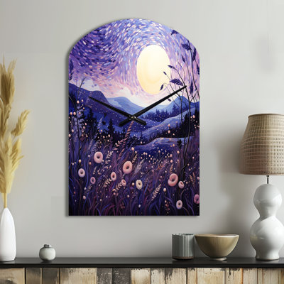 Lavender Enchanting Lavender Pointillism I - Lavender Fields Arch Metal Wall Clock, Purple Asymmetrical Clock Print