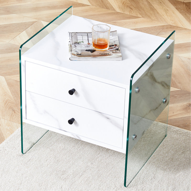 Double Bedside Table With Transparent Glass Sides - White, 19.51 In. H, 15.65 W, 17.27 D, 42.06 Lb, Fashionable Design In Sticker Board And Tempered Feature, Simple Elegant Look For Storage, Works As