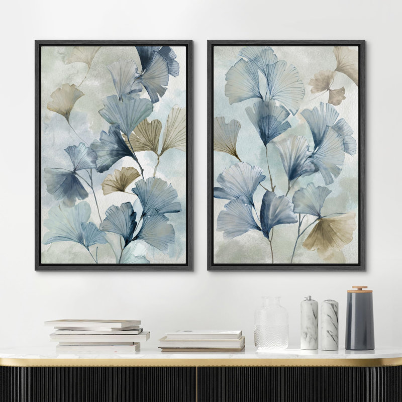 Blue Ginkgo Leaves Minimalist Abstract Botanical Modern - Framed Canvas Bedroom Wall Art Set 2 Print, Black, 36" H x 24" W