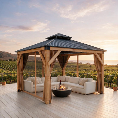 10x10 FT Hardtop Wood Gazebo w/ Double Metal Roof, Cedar Frame Outdoor Pavilion with Curtains & Netting, Patio Backyard Canopy