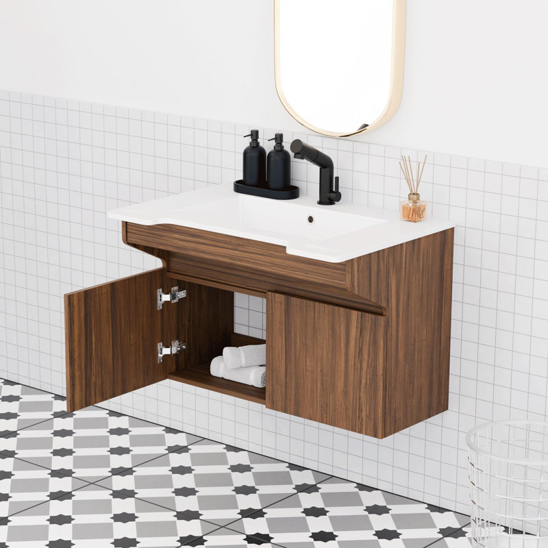 32" Wall-Mounted ADA Single Bathroom Vanity with Resin Sink and Side Handles, Walnut, Walnut