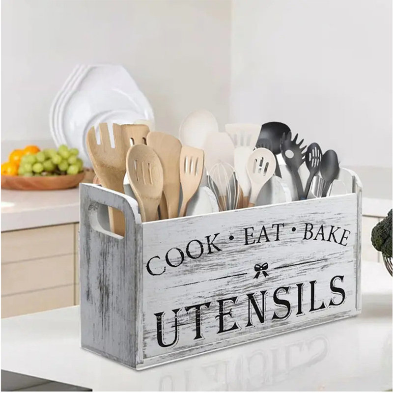 Porte-ustensiles en bois avec 3 compartiments, Blanc