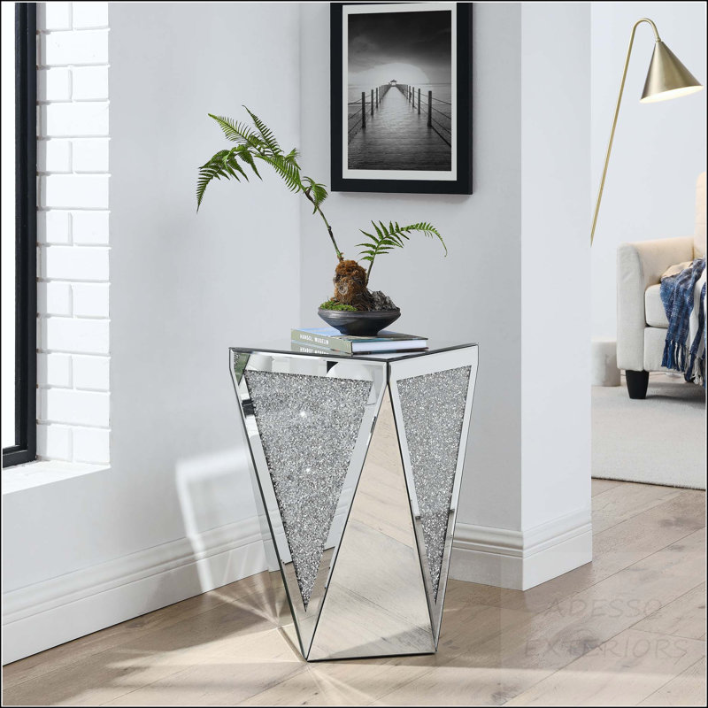Inverted Triangular Mirror Coffee Table with Crystal Diamond Inlay