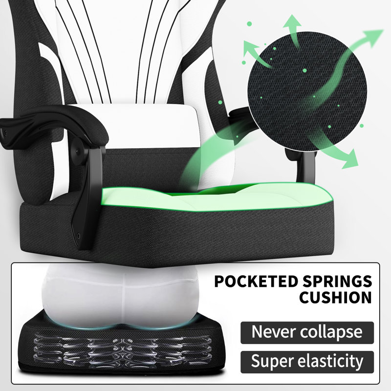Fabric Gaming Chair with Footrest&Lumbar Support, Ergonomic High-Back, White