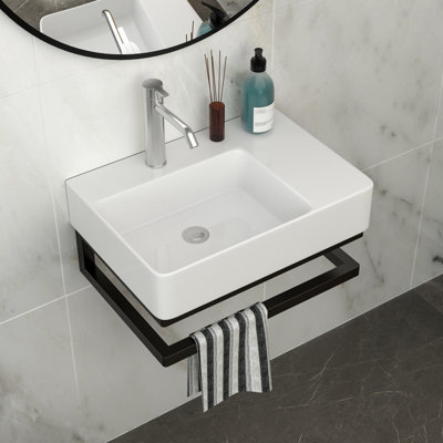 22.68"x16.5" Ceramic Bathroom Sink With Black Towel Bar And Faucet Hole, Glaze For Stain Resistance Wall - Mounted Rectangular In Ceramic, Feature