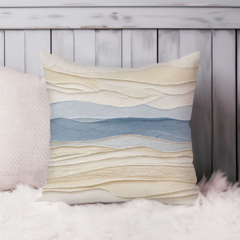Abstract Blue Beige Waves Pattern II Modern Throw Pillow Cover, 18x18
