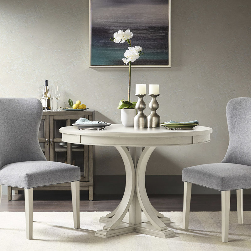 Table de salle à manger ronde 44 po couleur crème antique, placage et pieds en bois massif, 4 à 6 couverts, assemblage requis, outils fournis. Table couleur crème, plateau et piètement inclus.