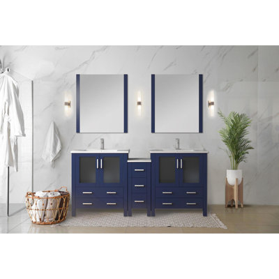 Bleu marine 72 po Meuble-lavabo double avec armoire latérale, robinet inclus, fermeture en douceur et Scratch - comptoir de salle de bain large en céramique blanche, robinet en acier inoxydable, rangement efficace
