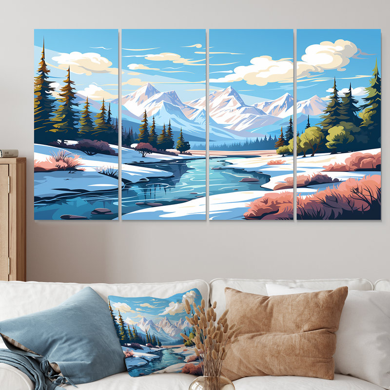 «Rocky River Reverie - Forest River Mountains», art mural 4 pièces pour le salon, H 28 po x l 48 po