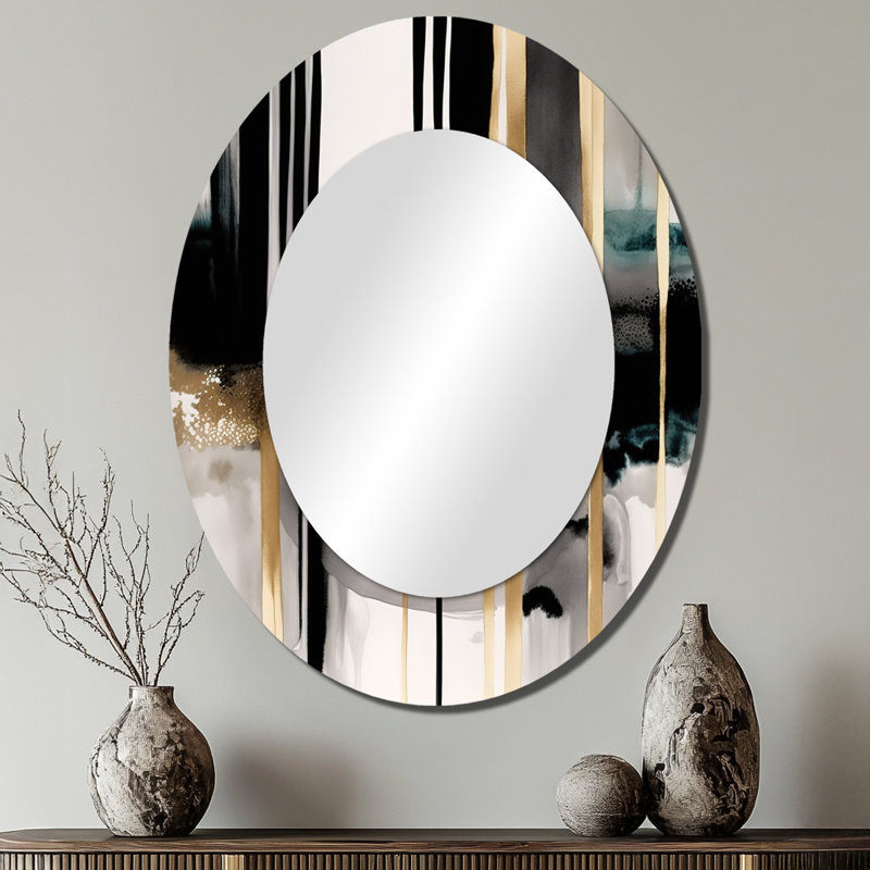 Abstract Transitional Shapes IV - Black Oval Wall Mirror Decor, 40" x 30"