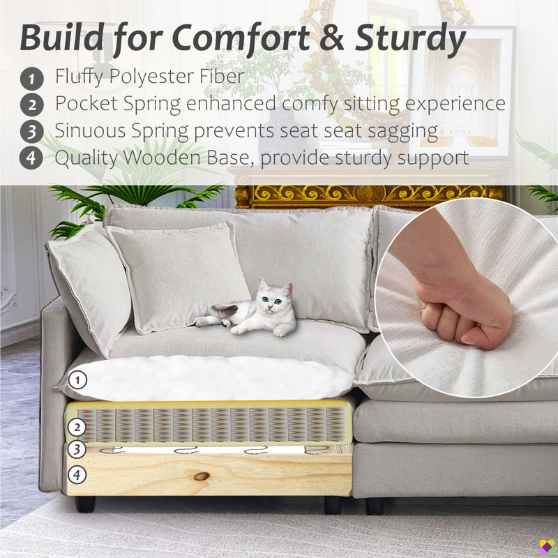 Aariketh 105"W Modular Chenille LAF RAF Sectional, Sofa Couch, 3 Seater, Beige Chenille