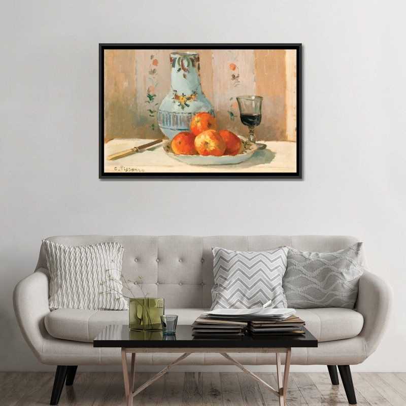 " Still Life With Apples And Pitcher " by Camille Pissarro, 18" H x 26" W x 1.5" D, Black Framed Canvas, No Mat