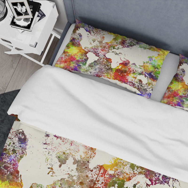 King Multicolor Microfiber World Map Duvet Cover Set