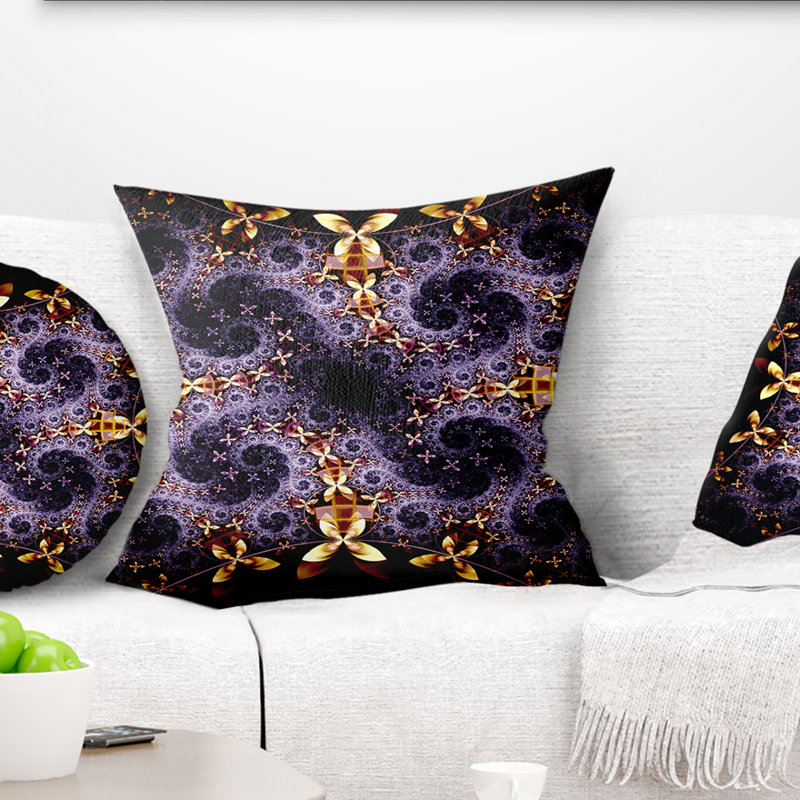 Fleur fractale jaune et violette - coussin imprimé abstrait, 16 po x 1 po, Coussin décoratif