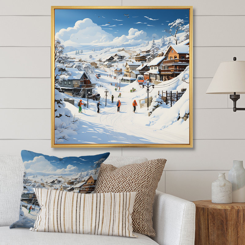«Skiing Winter Village Horizon», art mural fruits, Cadre flottant doré, H 36 po x l 36 po