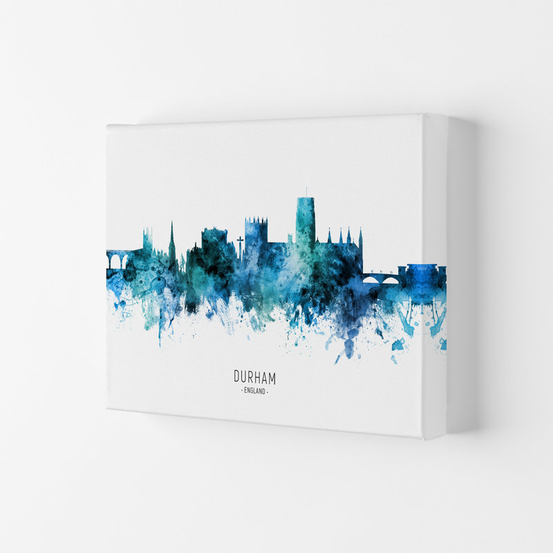 Durham England Skyline Blue City Name by Michael Tompsett - Print, 42cm H x 59.4cm W x 4cm D, Wrapped Canvas