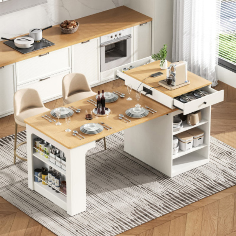 Îlot de cuisine 59,5 po avec table de salle à manger extensible, 2 tiroirs, prise de courant, rangement double-face, Blanc