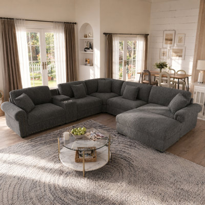 6 Seater Modular Chenille Sectional Sofa With Storage Console, Cup Holders, Usb Ports And Reversible Ottoman