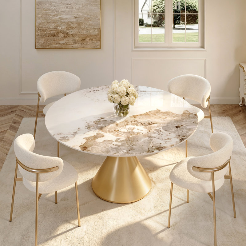 Table de salle à manger ronde Suzzie 59 po en pierre frittée, 6 couverts, Pandora brillant