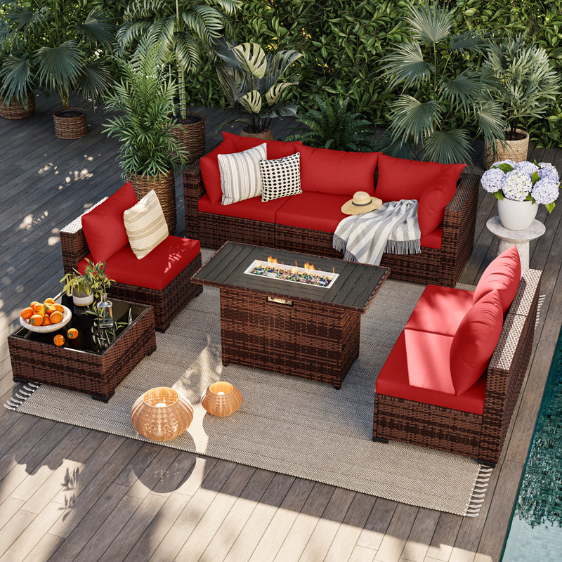 6 - Person Outdoor Wicker Patio Conversation Furniture Set With Fire Pit Table, Burgundy