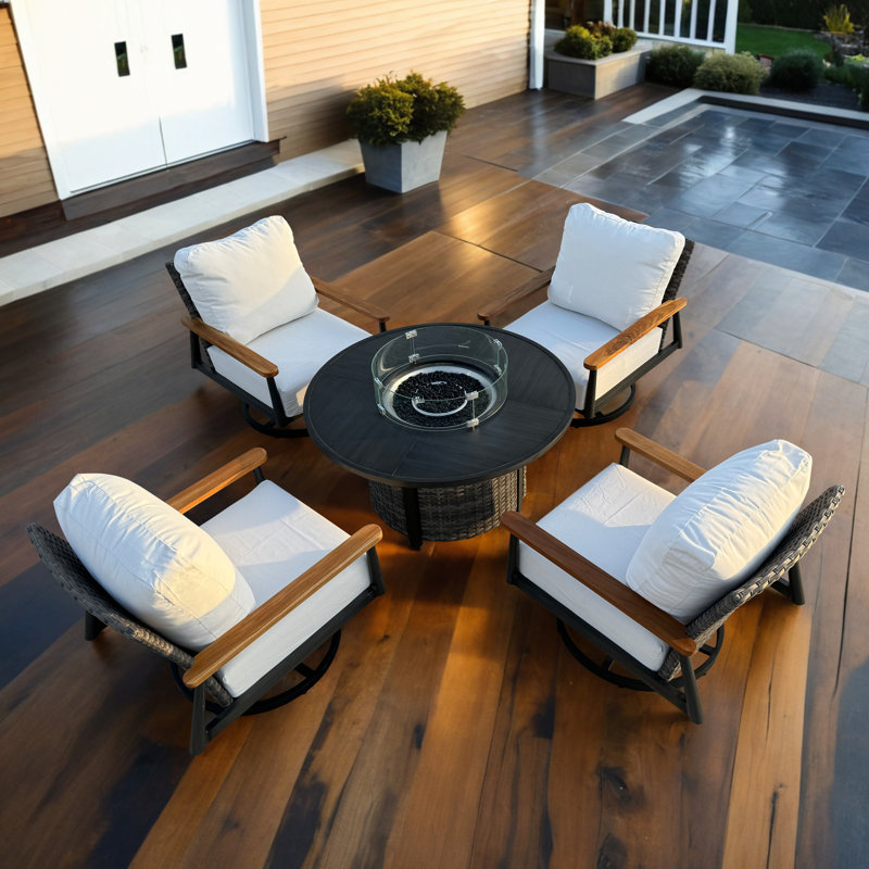 Ensemble de 5 sièges d'extérieur en osier pour patio avec coussins, Gris, Fonte naturelle