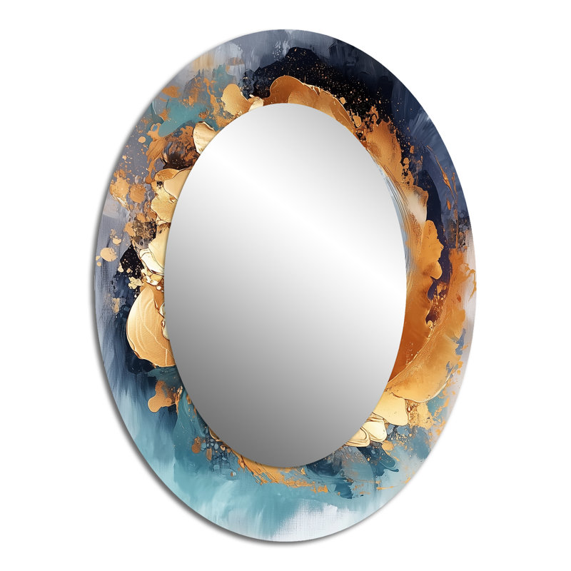 Blue And Gold Fractal Vortex III - Abstract Oval Decorative Mirror On Metal, 40" x 30"