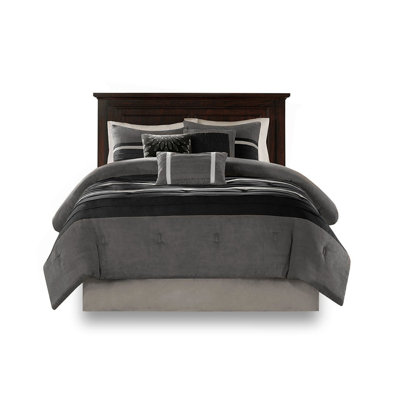 7 PC Pieced Faux Suede Comforter Set Black Queen