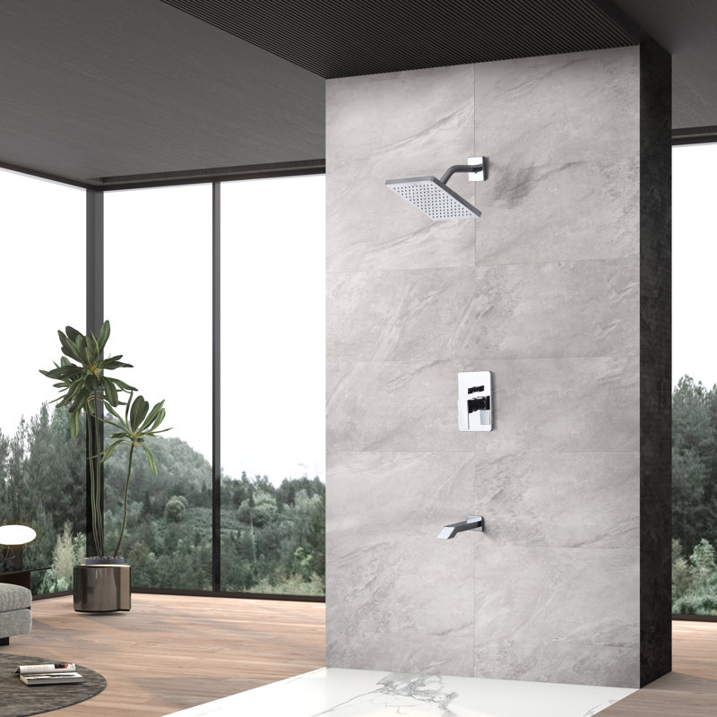 Icon Collection Shower System: 8" Square Rain Shower Head, Tub Spout, & Rough-in Valve Included - Chrome Polished