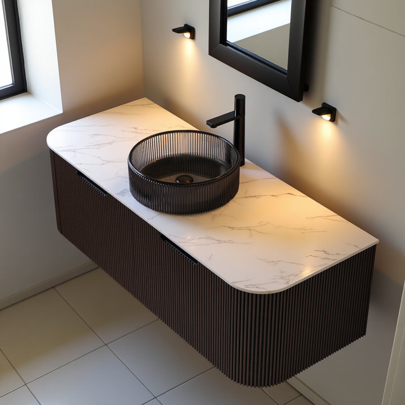 Meuble-lavabo 48 po avec lavabo, meuble de rangement mural rayé à bords arrondis avec 2 tiroirs, lavabo et comptoir en verre noir transparent, pré-assemblé, couleur noire