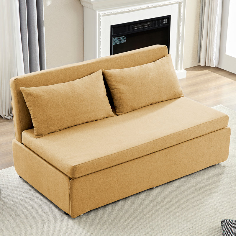 Armless Convertible Sofa Bed with Reversible Chaise & Linen Fabric, Yellow