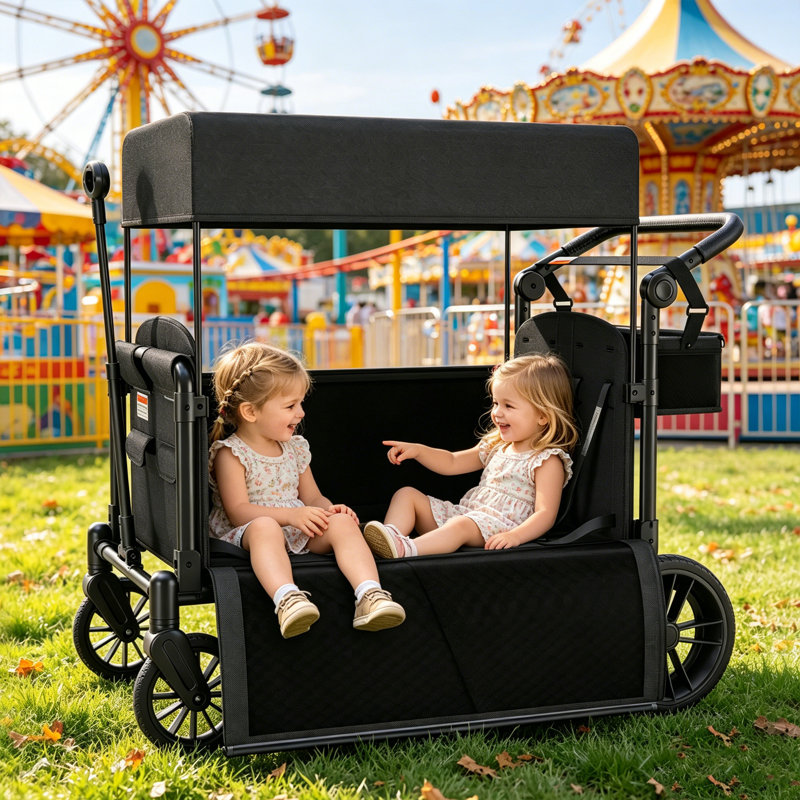 Wagon pliable à 4 places pour enfants, conception à entrée latérale avec harnais de sécurité à 5 points, poignée réglable à pousser et tirer et auvent amovible, chariot pour enfants d'extérieur