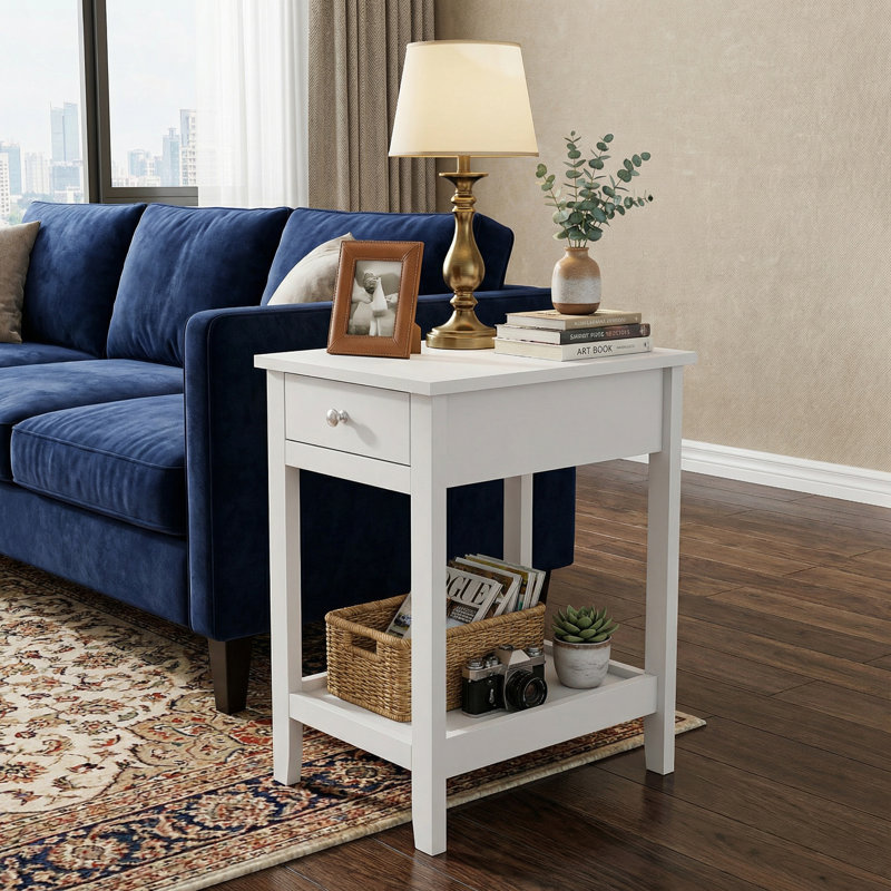 Issac 1-Drawer End Table with Open Shelf, White