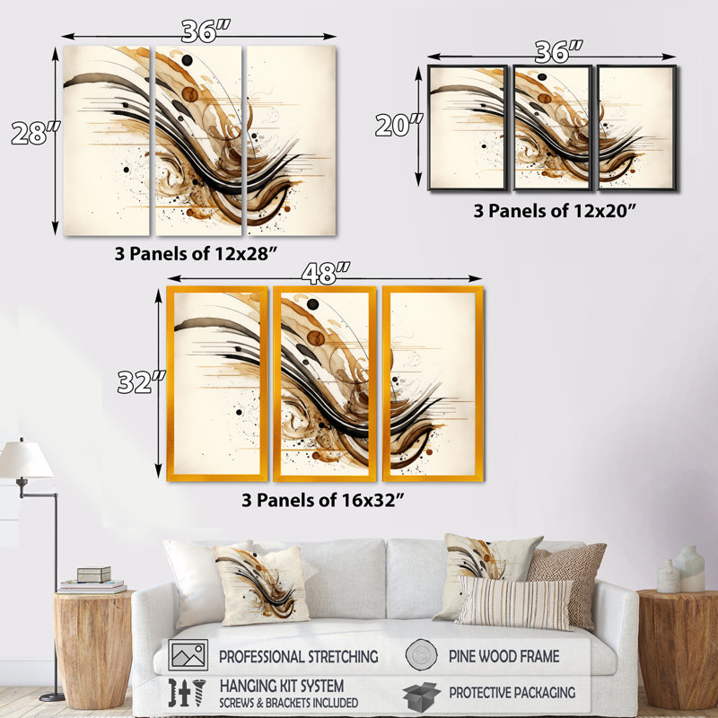 Mouvement brun et noir I - ensemble d'art mural moderne sur toile, H 32 po x l 48 po x P 1 po, Toile tendue