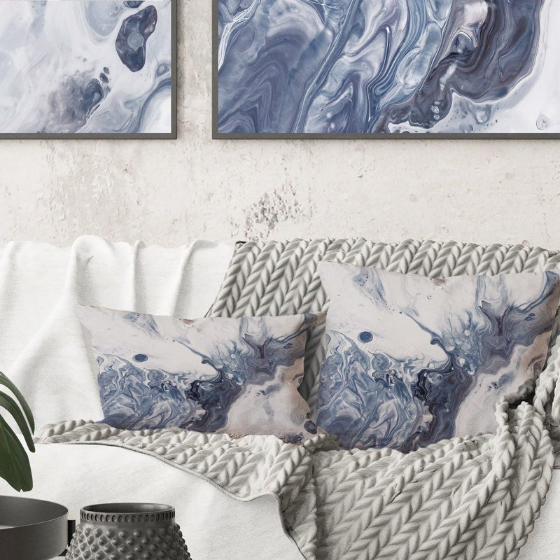 «Blue Art», coussin décoratif imprimé moderne bleu, gris et blanc, 16 po x 16 po