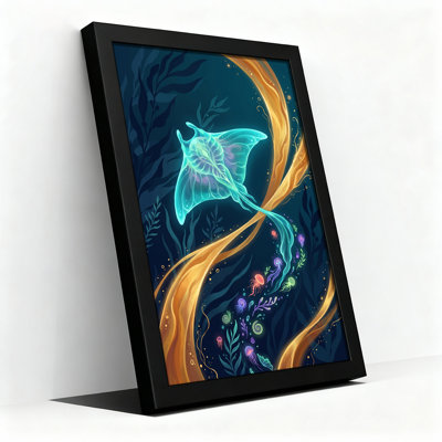 Glowing Manta Ray in Golden Ocean Stream with Jellyfish Canvas Wall Art