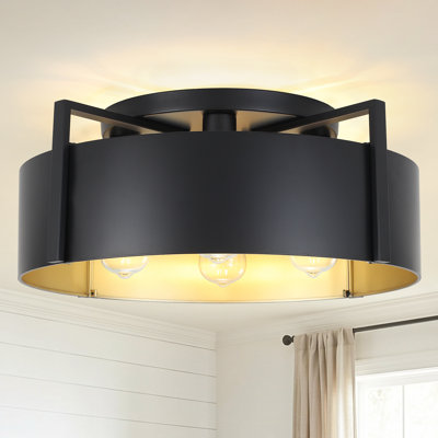 Kwong 20.47" Farmhouse Country Steel Drum Flush Mount Ceiling Light With Metal Shade For Kitchen, Hallway, Living Room, Bedroom, Dining Room