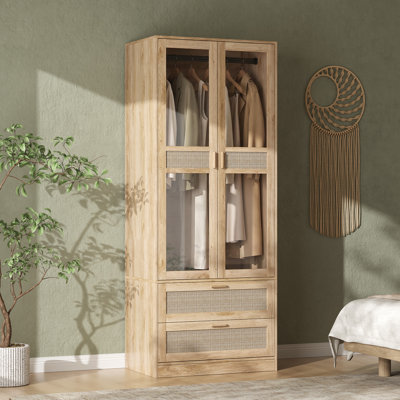 78.7" H Rattan Armoire with Glass Doors, Drawers & Shelves, 31.5" W x 19.5" D Tall Wardrobe Storage Cabinet