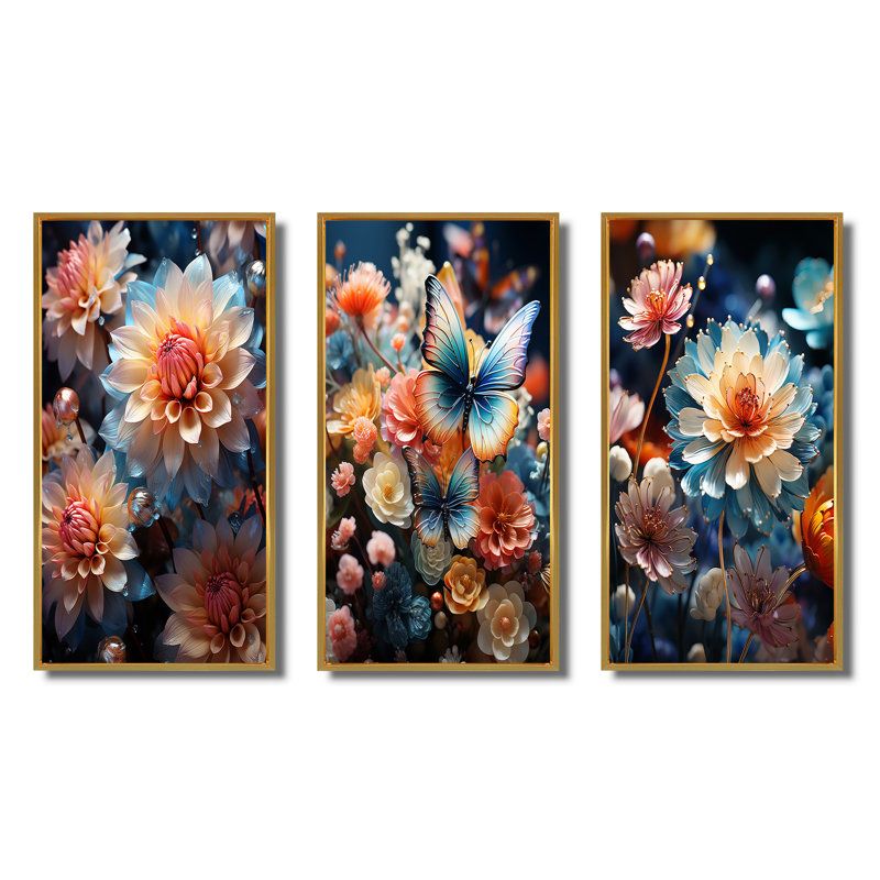 «Meadow Chrysanthemum Charm», 3 pièces sur toile, Cadre flottant doré, H 20 po x l 36 po