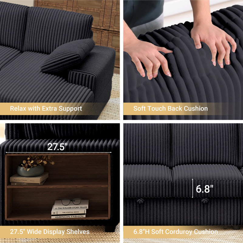 117" Convertible Sleeper Sofa Bed U-shaped Corduroy Sectional Pull-Out Couch With Storage Armrest & Storage Chaise & Corner