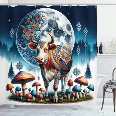 Ambesonne Rustic Shower Curtain Ethnic Night Woods Moon Cow in Petrol Blue and Burnt Sienna -  sc_429842_long