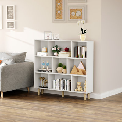 Bibliothèque moderne à 3 niveaux avec 9 cubes et pieds en bois