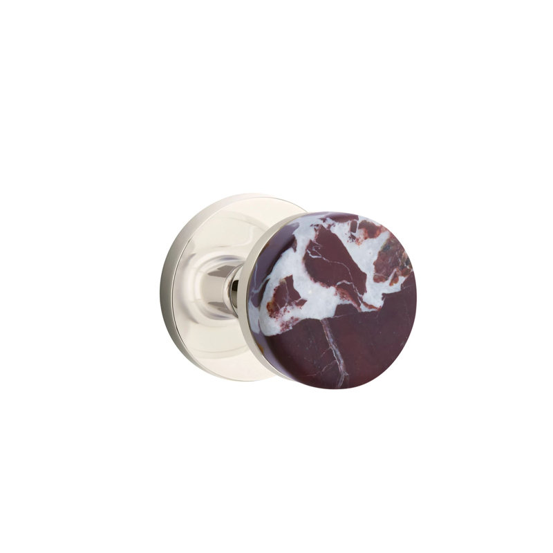 Emtek Select Passage Knobset w/ Disk Rosette & Conical Stem, Rosso Levanto Marble Knob (CF), Polished Nickel