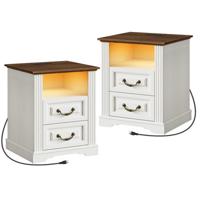 17.7"W Farmhouse 2-Drawer Nightstand with Charging Station & LED Light