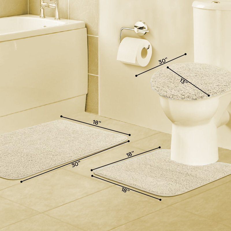 Ensemble de tapis de salle de bain à poils longs 3 pièces Boaz, tapis de bain, tapis contour, couvercle de toilette standard, antidérapant, couleur unie (ivoire)